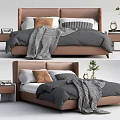 Modern Double Bed With Brown Headboard Gray Comforter Plaid Blanket And Nightstand Decorations