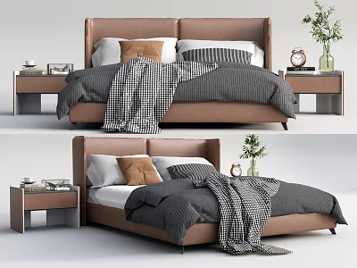Modern Double Bed With Brown Headboard Gray Comforter Plaid Blanket And Nightstand Decorations 3d model