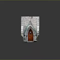 Gothic Style Red Wooden Door With Pointed Arch And Stone Wall Details