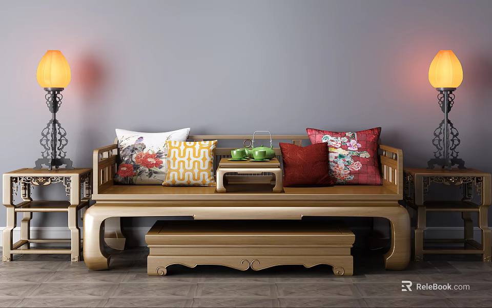 Traditional Chinese Luohan Bed With Decorative Pillows Small Tea Table And Table Lamps 3d model 