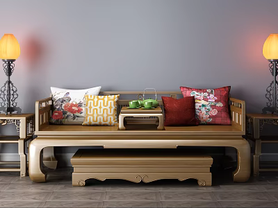 Traditional Chinese Luohan Bed With Decorative Pillows Small Tea Table And Table Lamps 3d model