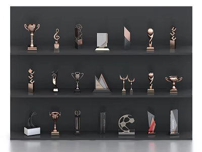 Trophies and Medals on Three Tiered Black Shelves with Various Shapes Materials and Unique Designs 3d model