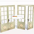 Vintage Style Wooden Double Doors With Glass Panes And Diamond Shaped Panels