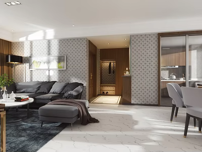 Modern Open Concept Living And Dining Room Interior With Sofa Coffee Table And Dining Chairs 3d model