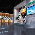 Modern Exhibition Hall Interior With Hanging Screens And Interactive Displays 3d model