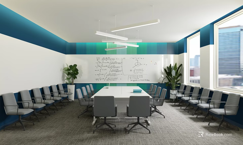 Modern Conference Room With Whiteboard Notes Comfortable Chairs Large Table And Green Plants 3d model 