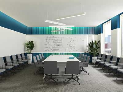 Modern Conference Room With Whiteboard Notes Comfortable Chairs Large Table And Green Plants 3d model