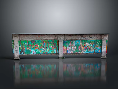 Long Stone Platform Featuring Colorful Murals Support Columns And Reflections On Smooth Floor 3d model