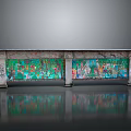 Long Stone Platform Featuring Colorful Murals Support Columns And Reflections On Smooth Floor