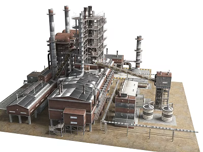 Industrial Refinery Building Complex With Tall Towers Chimneys Pipes And Storage Tanks 3d model