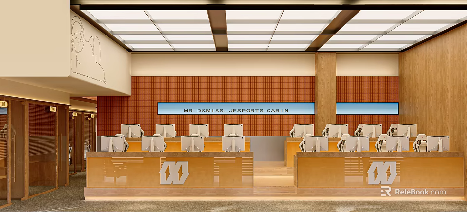 Modern Cyber Cafe Interior With Computers Comfortable Seats And Bright Lighting 3d model