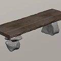 Rustic Wooden Stool With Long Plank Top And Stone Stacked Bases 3d model