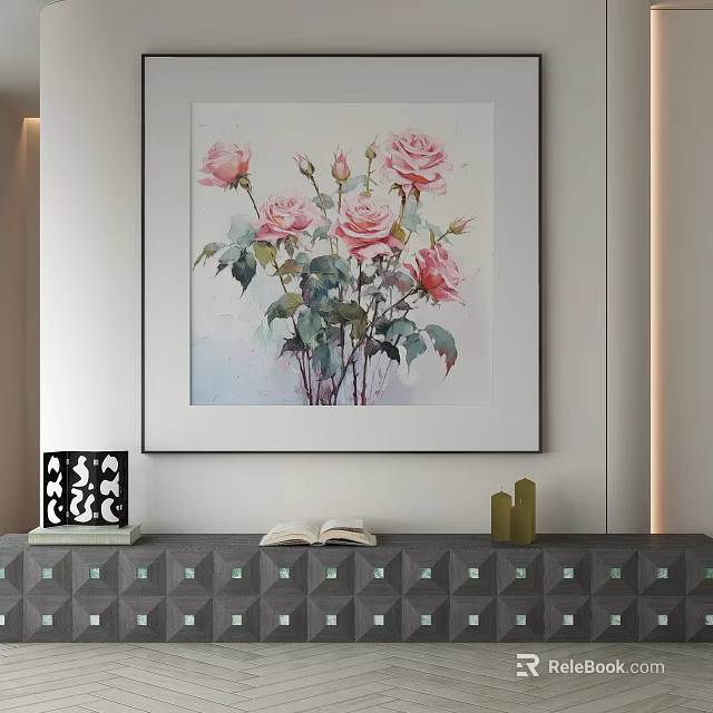 Entryway Cabinet Sideboard With Pink Roses Painting Black Decorative Ornament Open Book Gold Decorations 3d model 