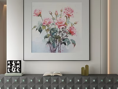 Entryway Cabinet Sideboard With Pink Roses Painting Black Decorative Ornament Open Book Gold Decorations 3d model