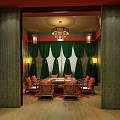 Traditional Chinese Dining Room Interior With Round Table Chairs Green Curtains And Decorative Wall Art