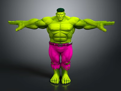 Hulk Green Muscular Character With Open Arms And Pink Torn Pants 3d model