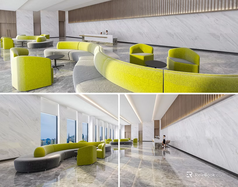 Hotel Lobby Interior Featuring Yellow Sofas Marble Floor And Wooden Wall Decor 3d model