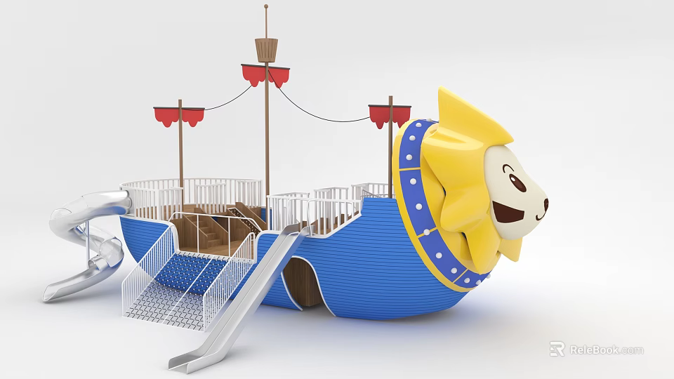 Ship Shaped Playground Equipment With Lion Head And Slide 3d model 