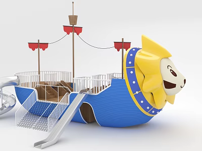 Ship Shaped Playground Equipment With Lion Head And Slide 3d model