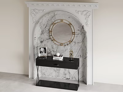 Elegant Entryway With Arched Marble Backdrop And Gold Framed Round Mirror Above Black Console Table 3d model