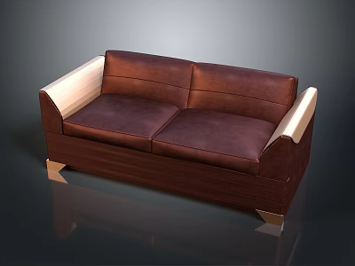 Modern Brown Leather Sofa With Light Wooden Armrests And Metal Legs Design 3d model