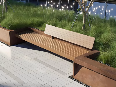 Stylish Tree Pit Design Featuring Wooden Bench Grass Lighting And Paved Ground 3d model