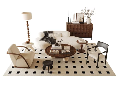 Elegant Sofa Coffee Table Set With Black White Checkered Rug Armchairs And Decorative Cabinet 3d model