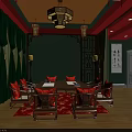 Traditional Chinese Dining Room Interior With Round Table Chairs Green Curtains And Decorative Wall Art