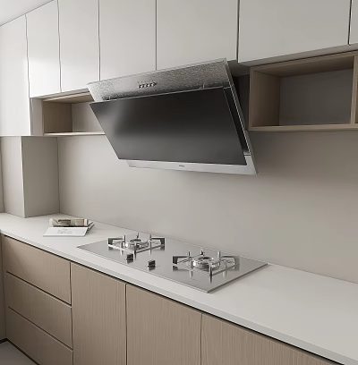 Modern Kitchen With Stainless Steel Range Hood And Gas Stove On Countertop 3d model