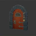 Stone Arch Red Wooden Door With Grilled Window Door Knocker And Lantern