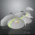 Fairy Tale Scene With Fluffy Clouds Green Hills Rainbow And Small Animals