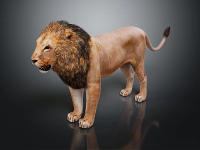 Realistic Male Lion With Thick Mane Standing On Dark Background With Reflection 3d model