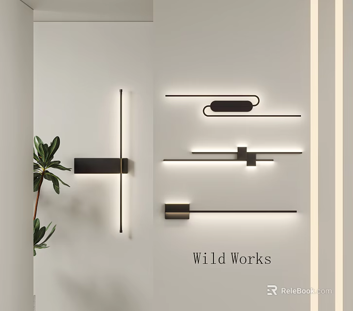 Modern Wall Lamps With Sleek Linear Design And Green Plant On White Wall 3d model 
