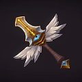 Ornate Golden Sword With Blue Gem White Feathers And Brown Hilt Design