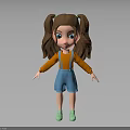 3D Cartoon Girl Character With Brown Hair Pigtails Blue Eyes Orange Top And Green Shoes