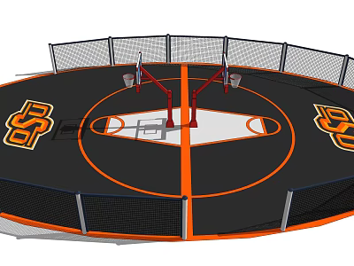 Indoor Basketball Court With Black Orange Surface Double Hoops Team Logos And Surrounding Netting 3d model