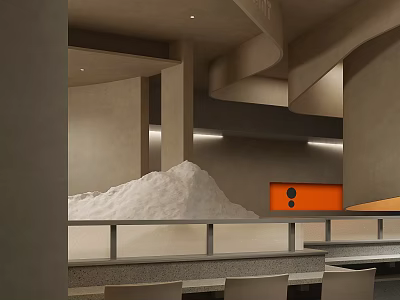 Contemporary Restaurant Interior With Grey Concrete Walls Curved Metal Structures And Orange Accent Panel 3d model