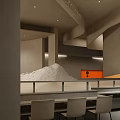 Contemporary Restaurant Interior With Grey Concrete Walls Curved Metal Structures And Orange Accent Panel
