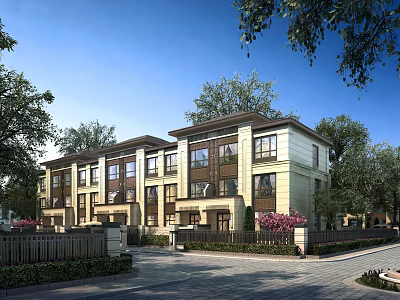 Modern Multi story Detached Villa With Large Windows Trees And Courtyard Driveway 3d model