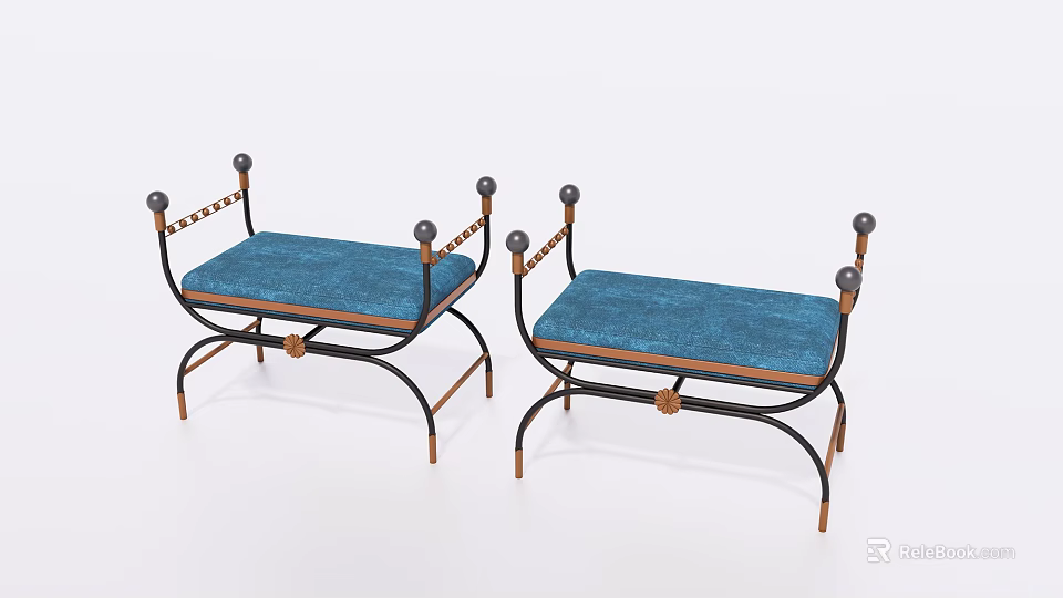Modern Stylish Sofa Stools With Blue Upholstered Seats Black Metal Frames And Decorative Spherical Knobs 3d model