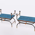 Modern Stylish Sofa Stools With Blue Upholstered Seats Black Metal Frames And Decorative Spherical Knobs 3d model