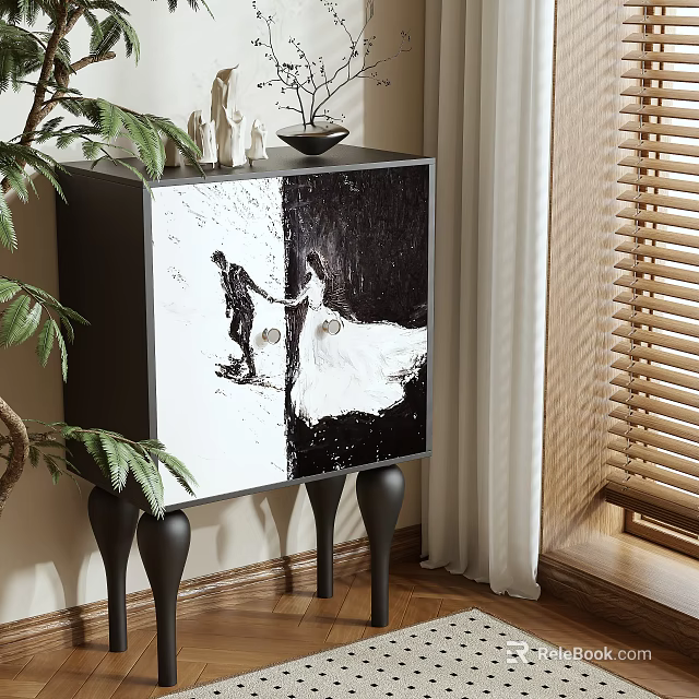 Stylish Dresser With Black And White Wedding Photo Print Green Plant Near Window Blinds 3d model 