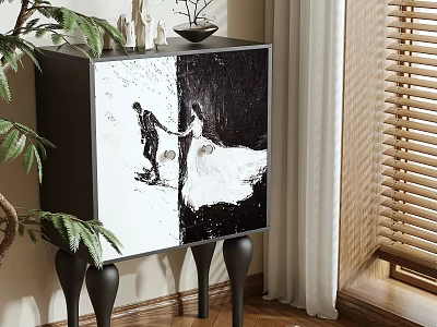 Stylish Dresser With Black And White Wedding Photo Print Green Plant Near Window Blinds 3d model