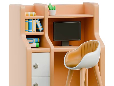 Light Orange Entertainment Desk with Shelves Computer Monitor Books Potted Plant and Chair 3d model