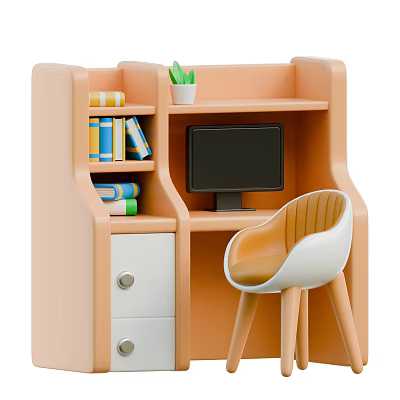 Light Orange Entertainment Desk with Shelves Computer Monitor Books Potted Plant and Chair 3d model