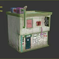 Cartoon Scene of Small Aged Building Exterior With Green Door Sign Graffiti and Pipes