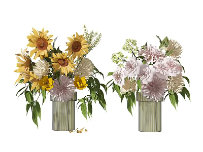 Vibrant Flower Bouquets in Striped Vases with Sunflowers Pink White Blooms and Green Leaves 3d model