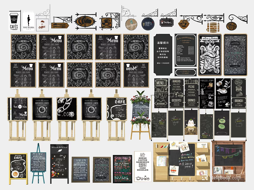Chalkboard Signboard Designs With Wooden Stands For Cafe And Restaurant Decor 3d model 