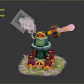 Colorful Turret Weapon With Smoke Pipe Yellow Cannon Barrel On Green Grass Base With Flowers