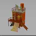Red Small Tower Like Building With Yellow Ladder Slide Green Cloth And Orange Water Tank
